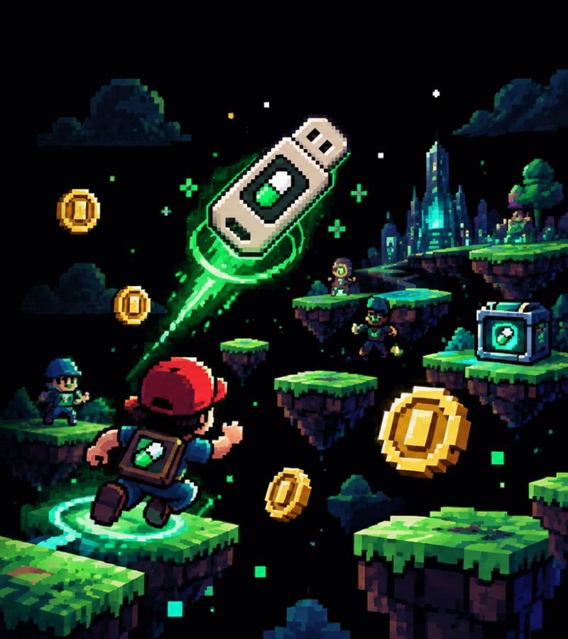 Pixel runner chasing a flash drive over floating islands